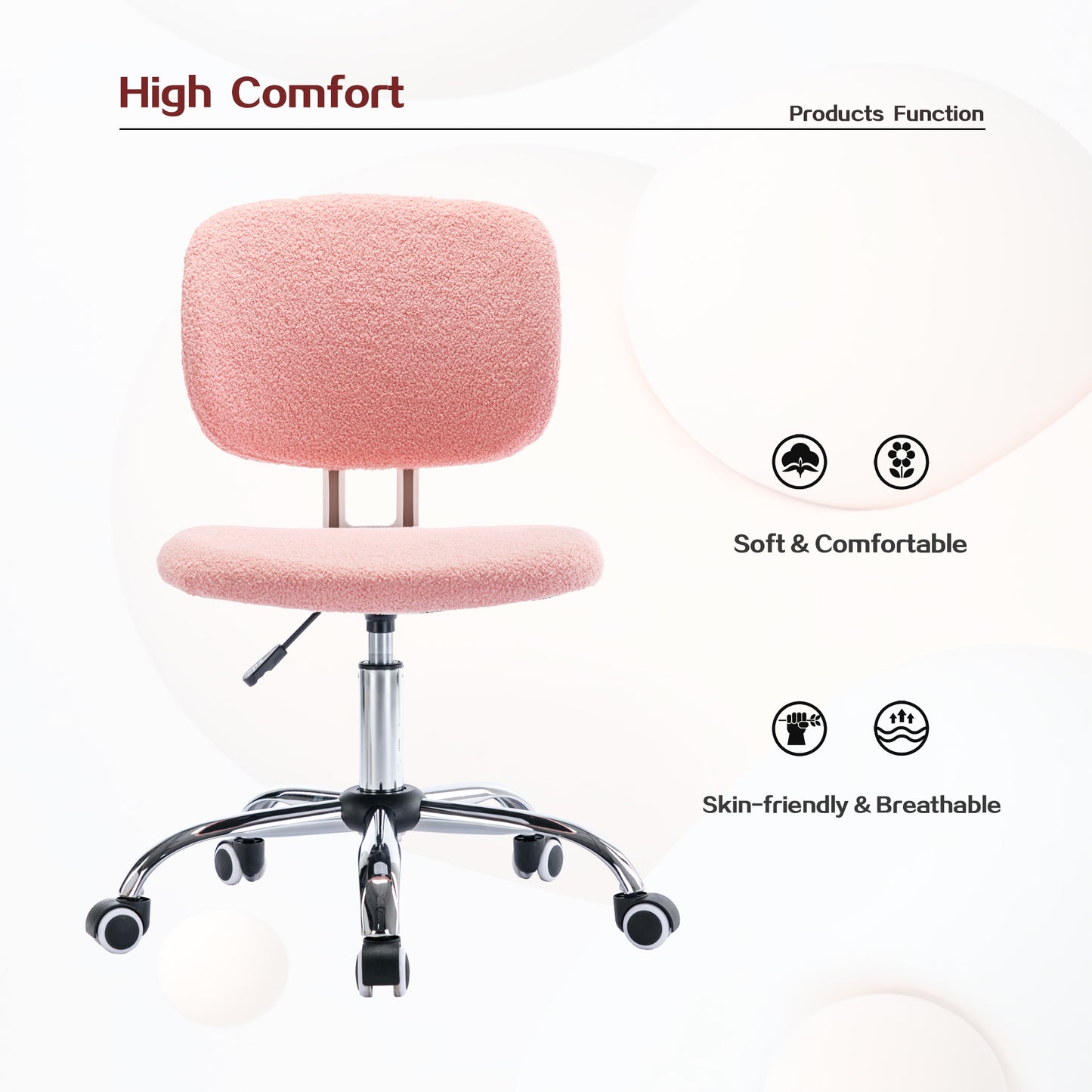 Teddy Velvet Makeup Pink Office Desk Chair Bling Desk, Armless Vanity Desk Task Chair with Wheels 360°,Bling Desk Nail Desk for Women, Adjustable Height