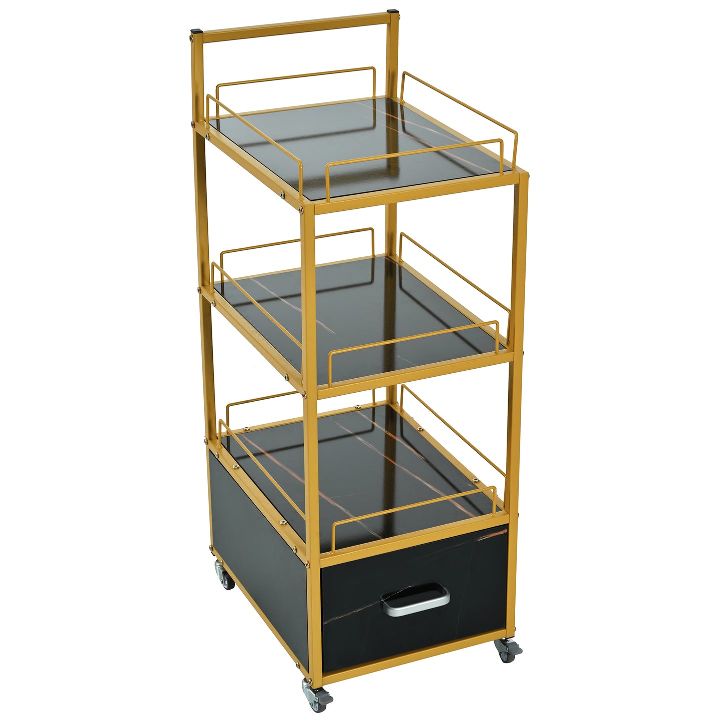 Beauty Salon Storage Trolley Cart,with Lockable Rolling Wheels,Metal Frame Marbled Board,Drawer Barber Salon Furniture,Black