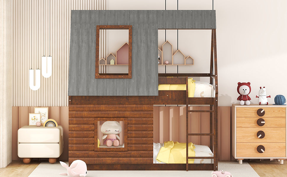 Cozy Rustic Oak and Smoky Grey House Bunk Bed with Roof, Ladder, and Windows for Kids