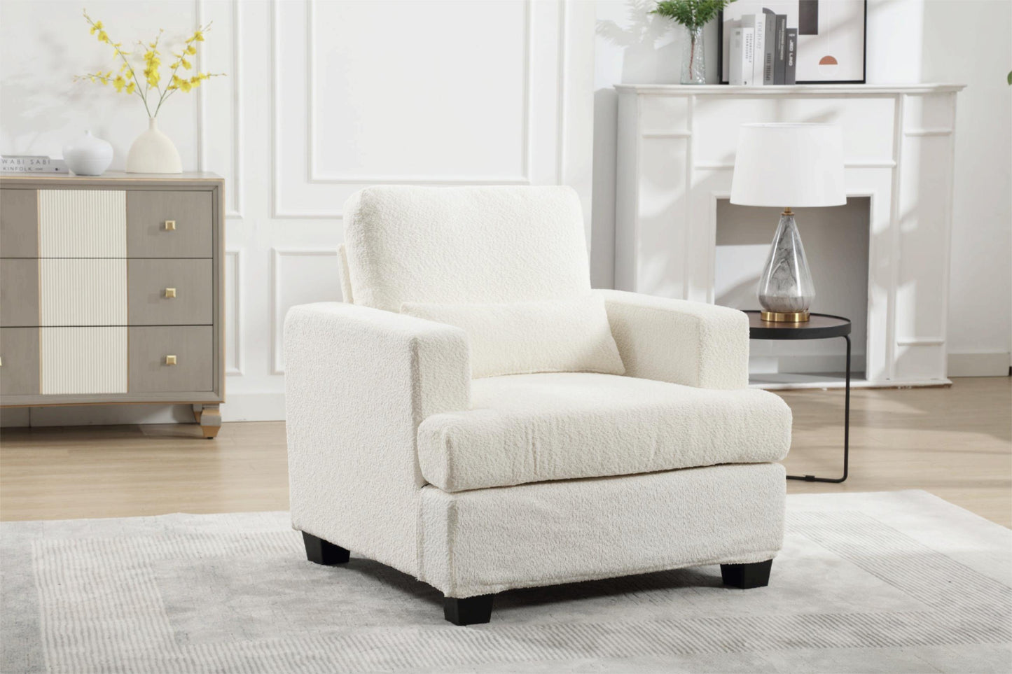 Contemporary 37 Modern Chair with Square Armrest, Removable Back Cushion, and Waist Pillow (White & Gray Fabric)