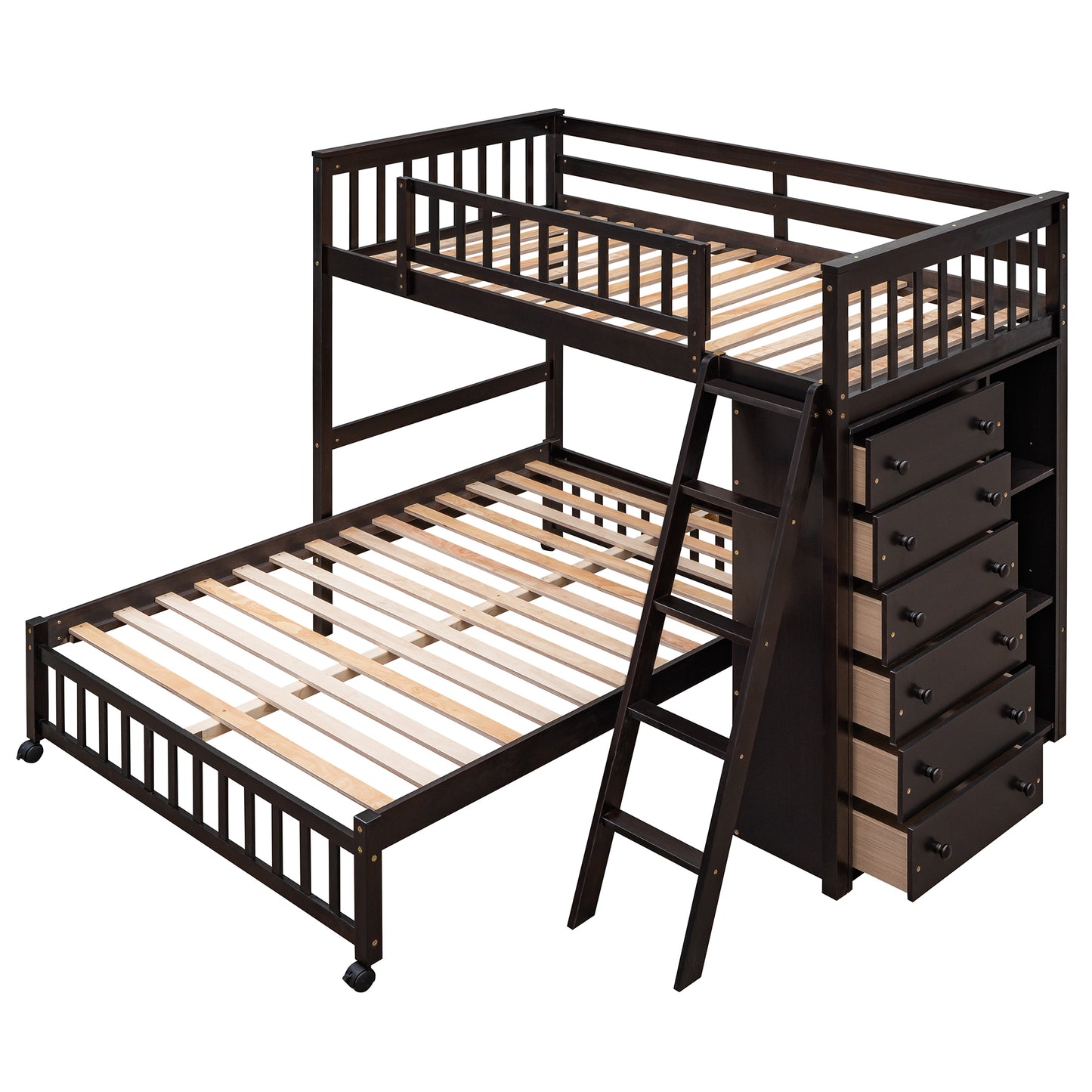 Espresso Wooden Bunk Bed with Twin Over Full, 6 Drawers, and Flexible Shelves - Versatile Solid Wood Bunk Bed with Storage and Removable Bottom Bed