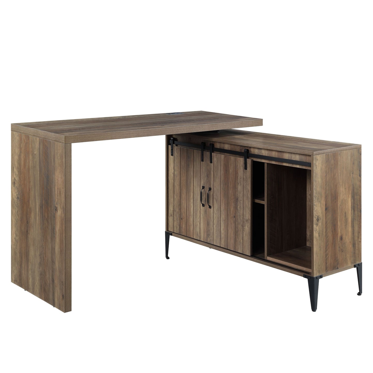 Rustic Oak Writing Desk with USB Port and Sliding Barn Door