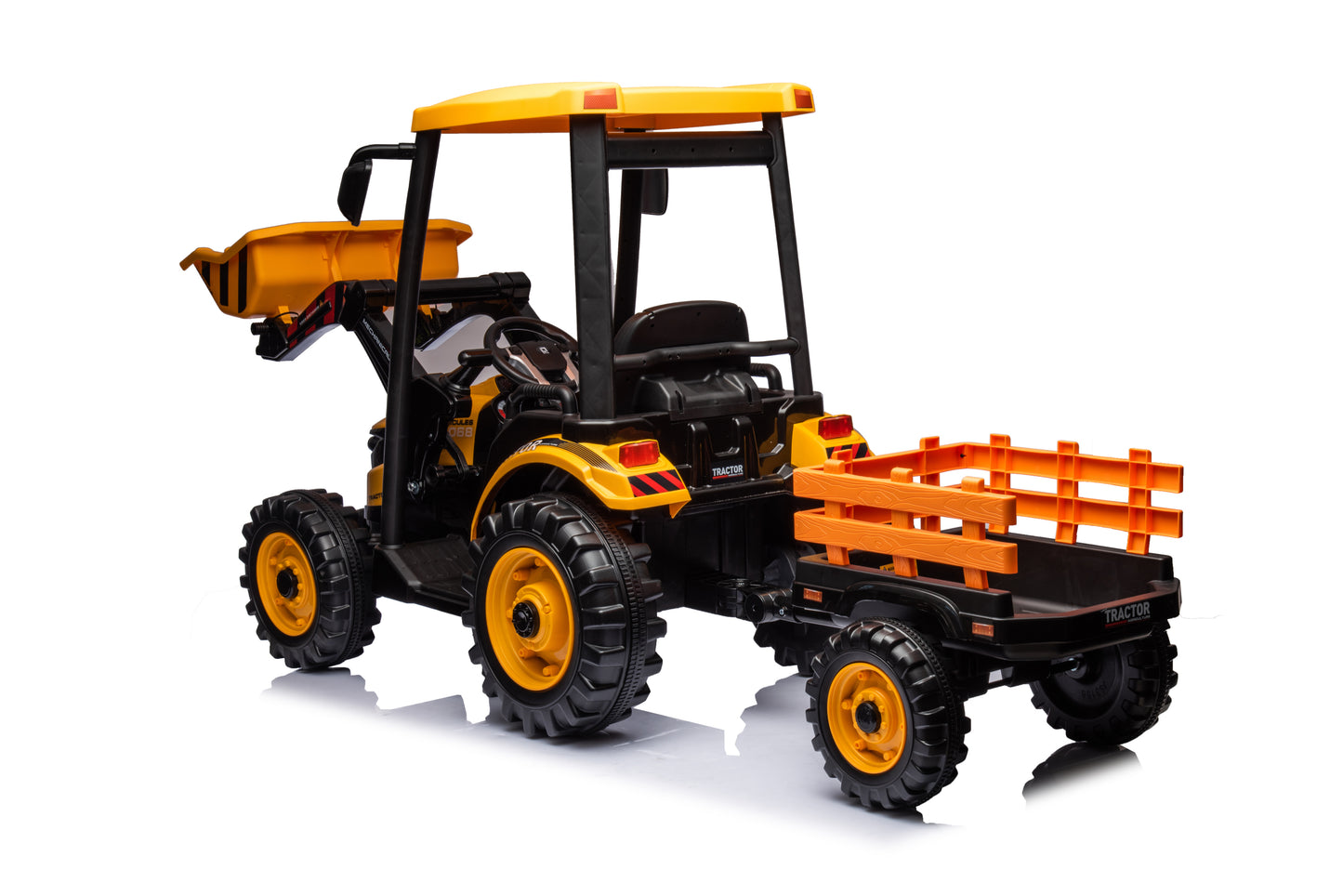 Yellow Pedal Tractor with Loader and Backhoe Digger, Electric Ride-On Car for Kids with Trailer