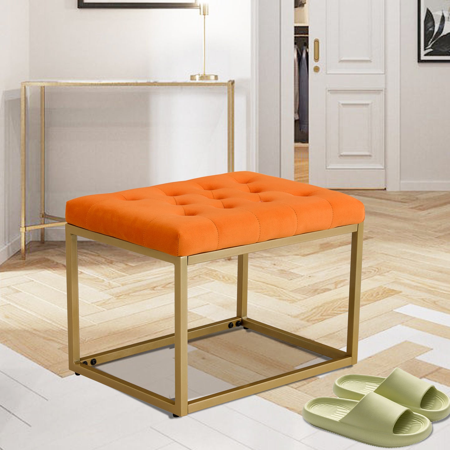 Chair Velvet Shoe Changing Stool, Orange Footstool, Square Vanity Chair, Sofa stool,Makup Stool .Vanity Seat ,Rest stool. Piano Bench .Suitable for Clothes Shop,Living RoomST-001-OR