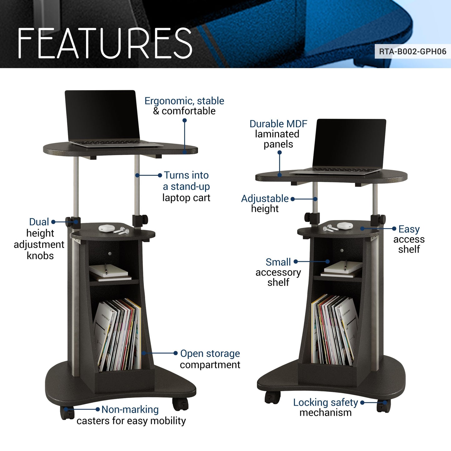 Height-Adjustable Rolling Laptop Cart with Storage in Graphite