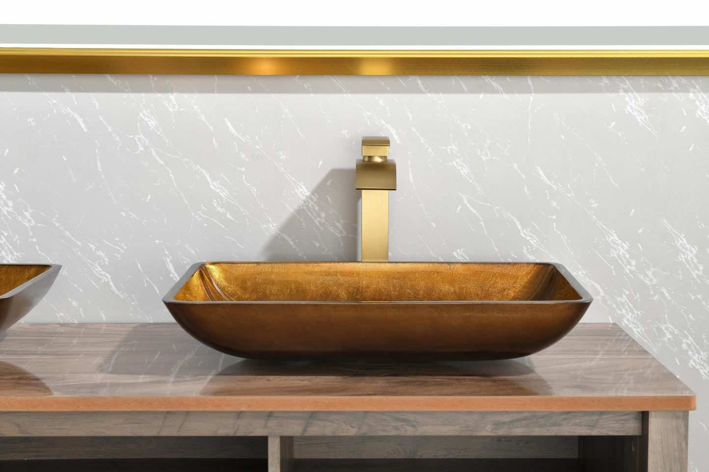 Gold Glass Rectangular Vessel Bathroom Sink Set with Faucet and Pop-Up Drain