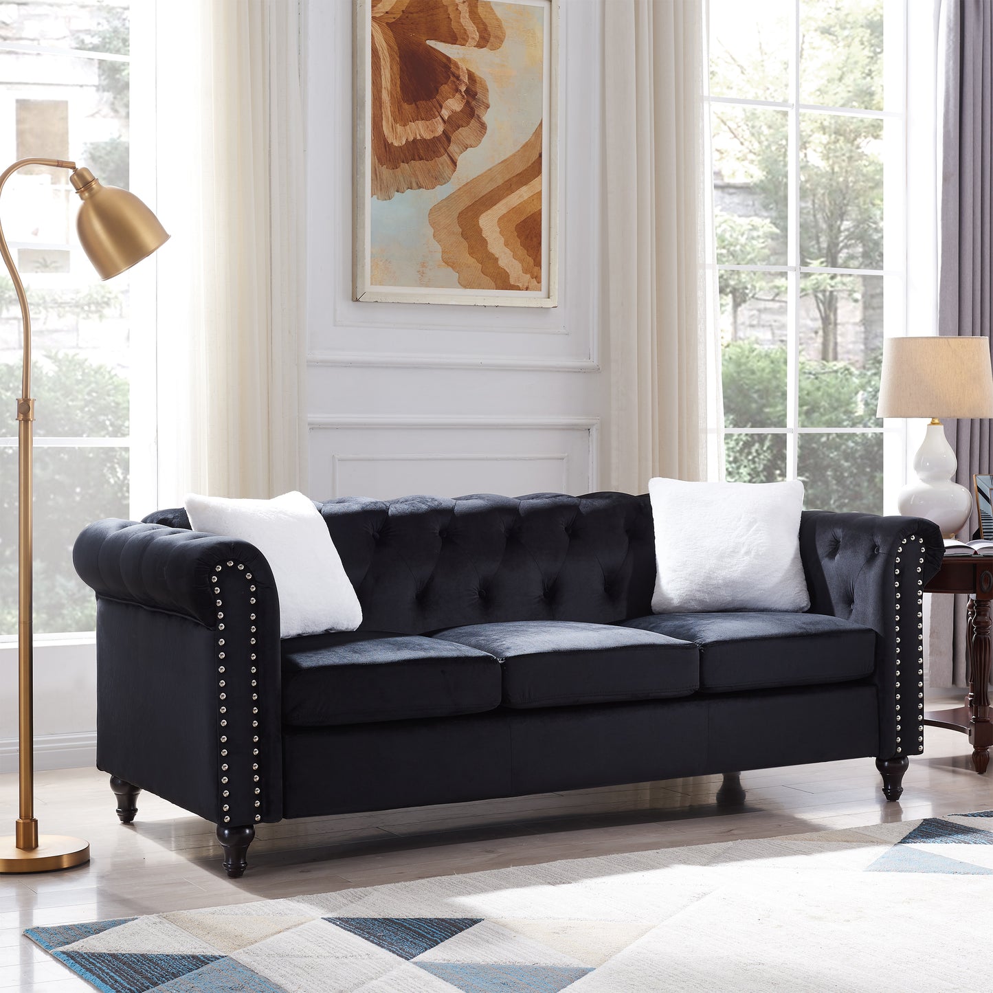 Contemporary Black Velvet 2-Piece Living Room Sofa Set with Button Tufting