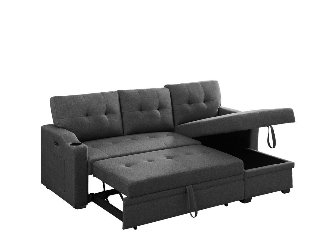 Mabel Dark Grey Linen Fabric Sleeper Sectional with Cupholder, USB Charging Port, and Storage Pocket