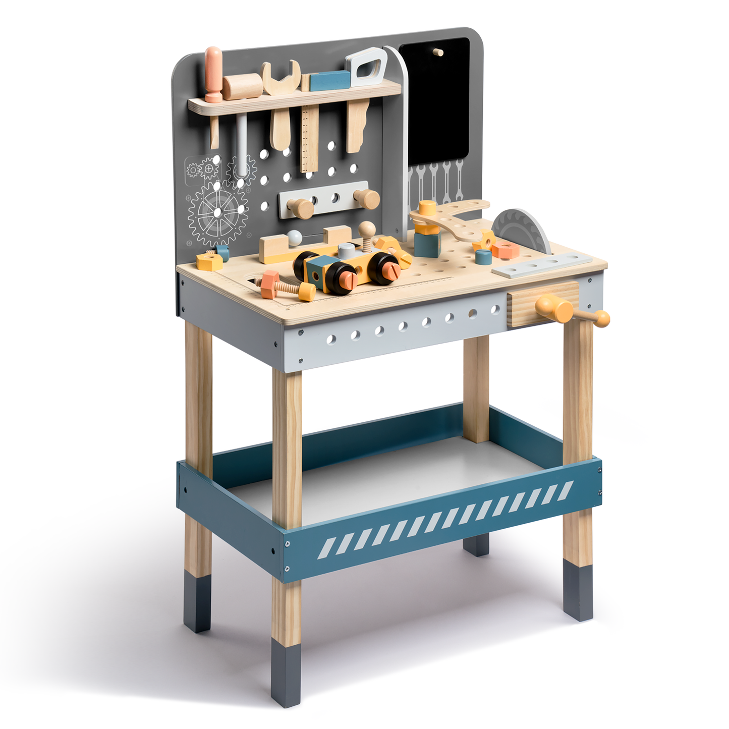 Kids' DIY Wooden Workbench with Blackboard and Tool Playset