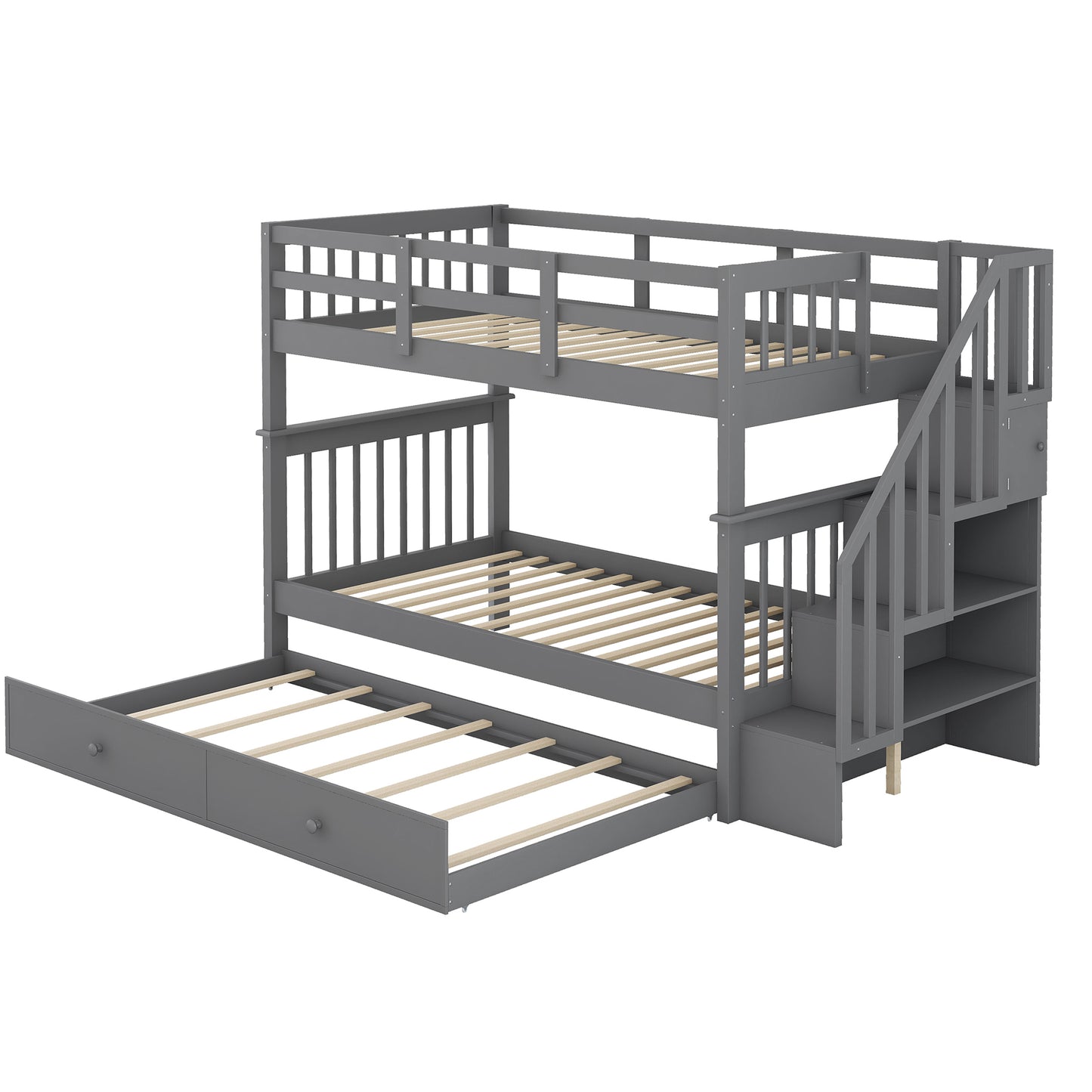 Stairway Twin Bunk Bed with Trundle and Storage in Gray Wood for Bedroom, Dorm or Adults