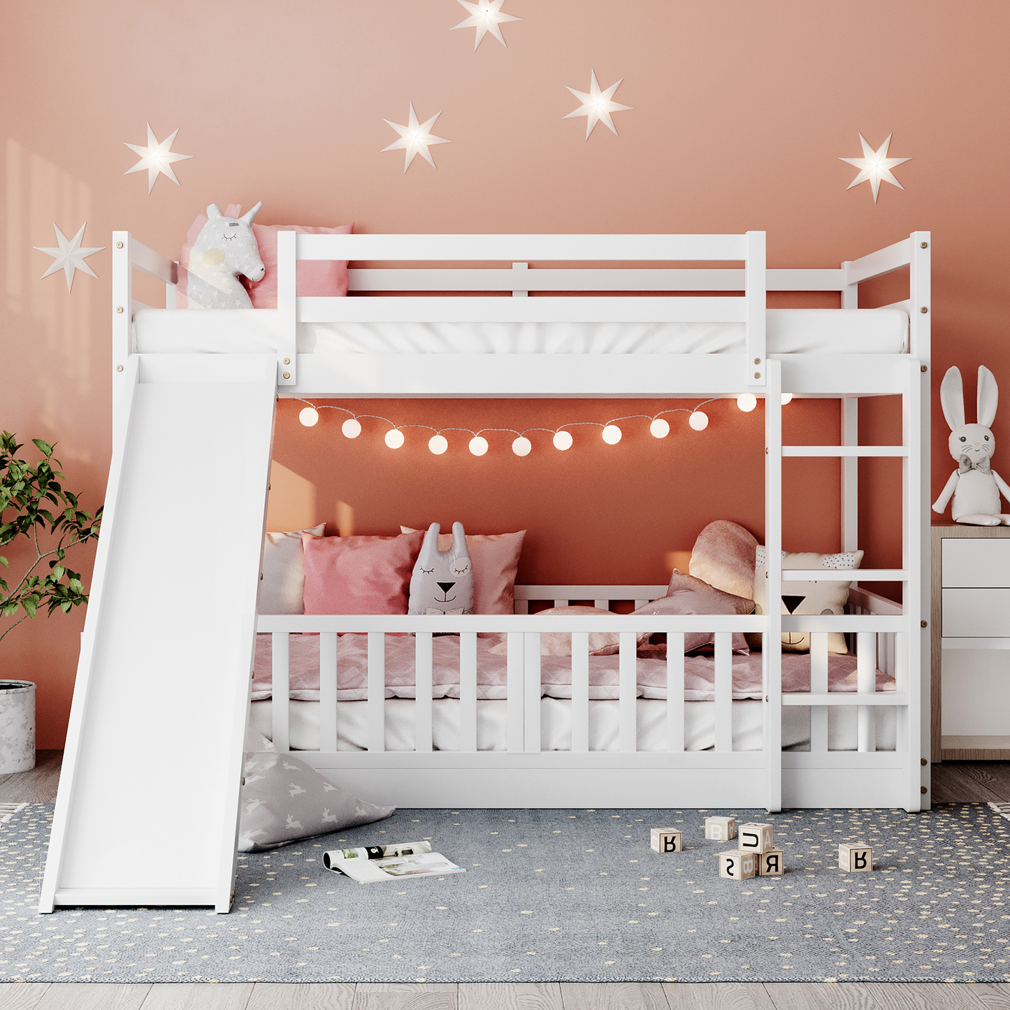 White Twin Bunk Bed with Slide, Ladder, and Space-Saving Design