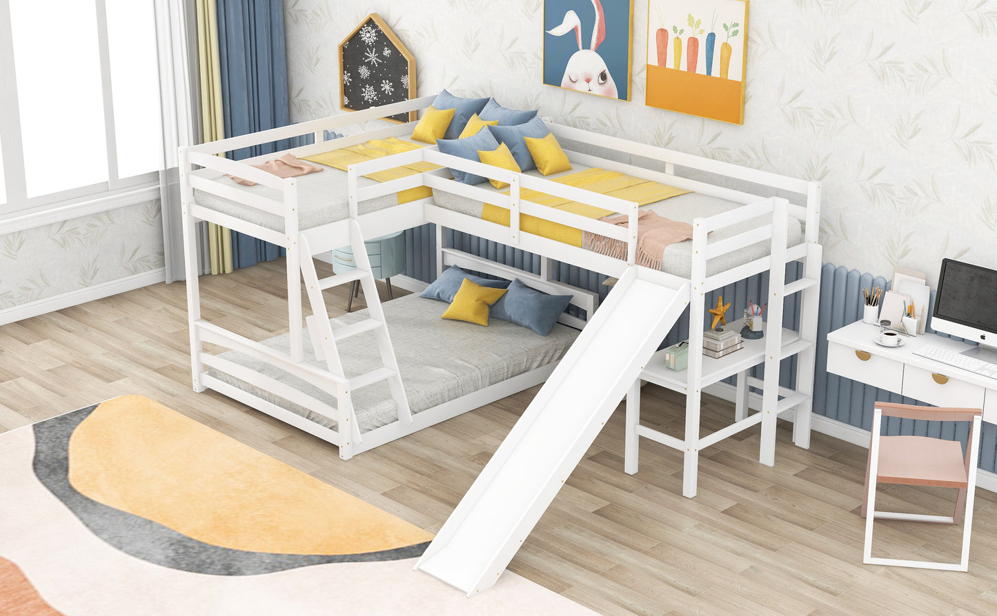 Combined L-Shaped Loft Bunk Bed Set with Desk, Slide & Guardrail in White