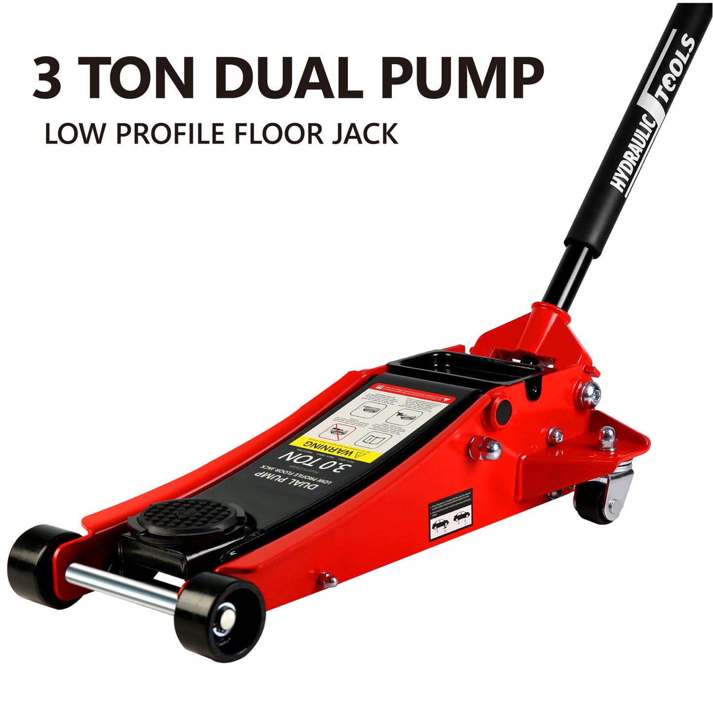 Ultra-Low Profile Dual Piston Hydraulic Car Jack, Red and Black, 3 Ton Capacity, Lifting Range 3.3-19.7