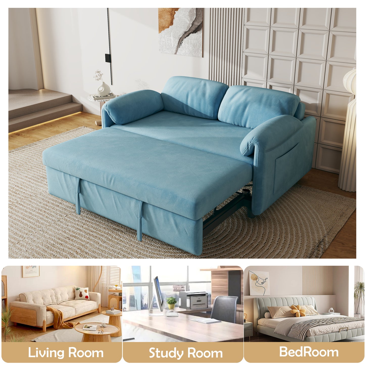 54 Blue Velvet Sofa Bed with Retractable Dual Purpose and Armrest Storage Bag