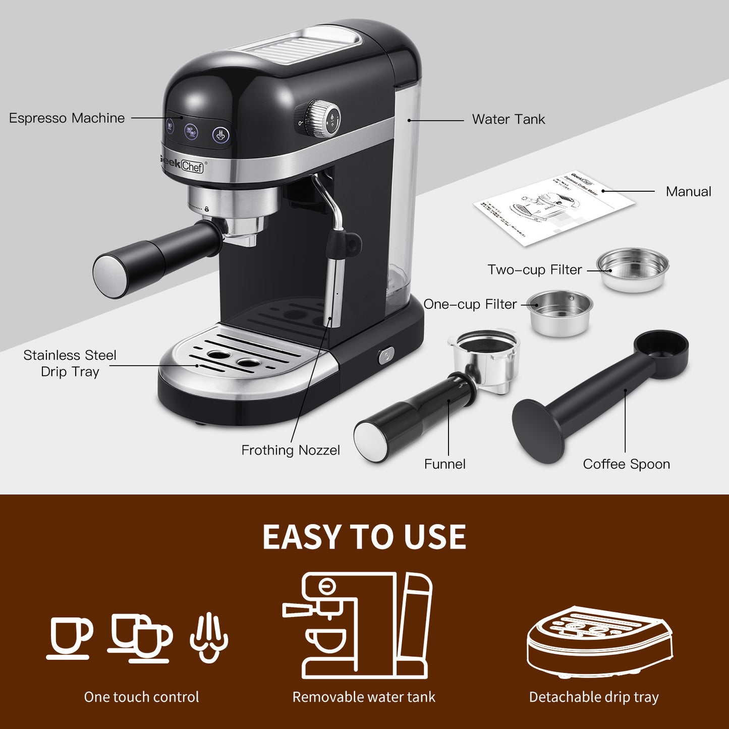 Geek Chef 20-Bar High-Performance Espresso Machine with Safety Valve