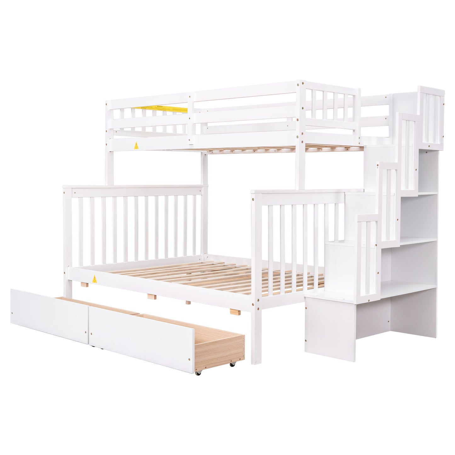 Convertible Twin Over Full Bunk Bed with Staircase and Drawers - White Wood Twin-Size Loft Bed