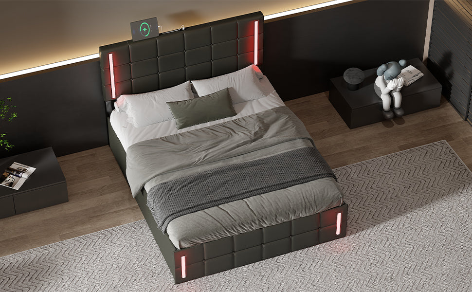 Full Size Upholstered Bed with LED Lights,Hydraulic Storage System and USB Charging Station,Black