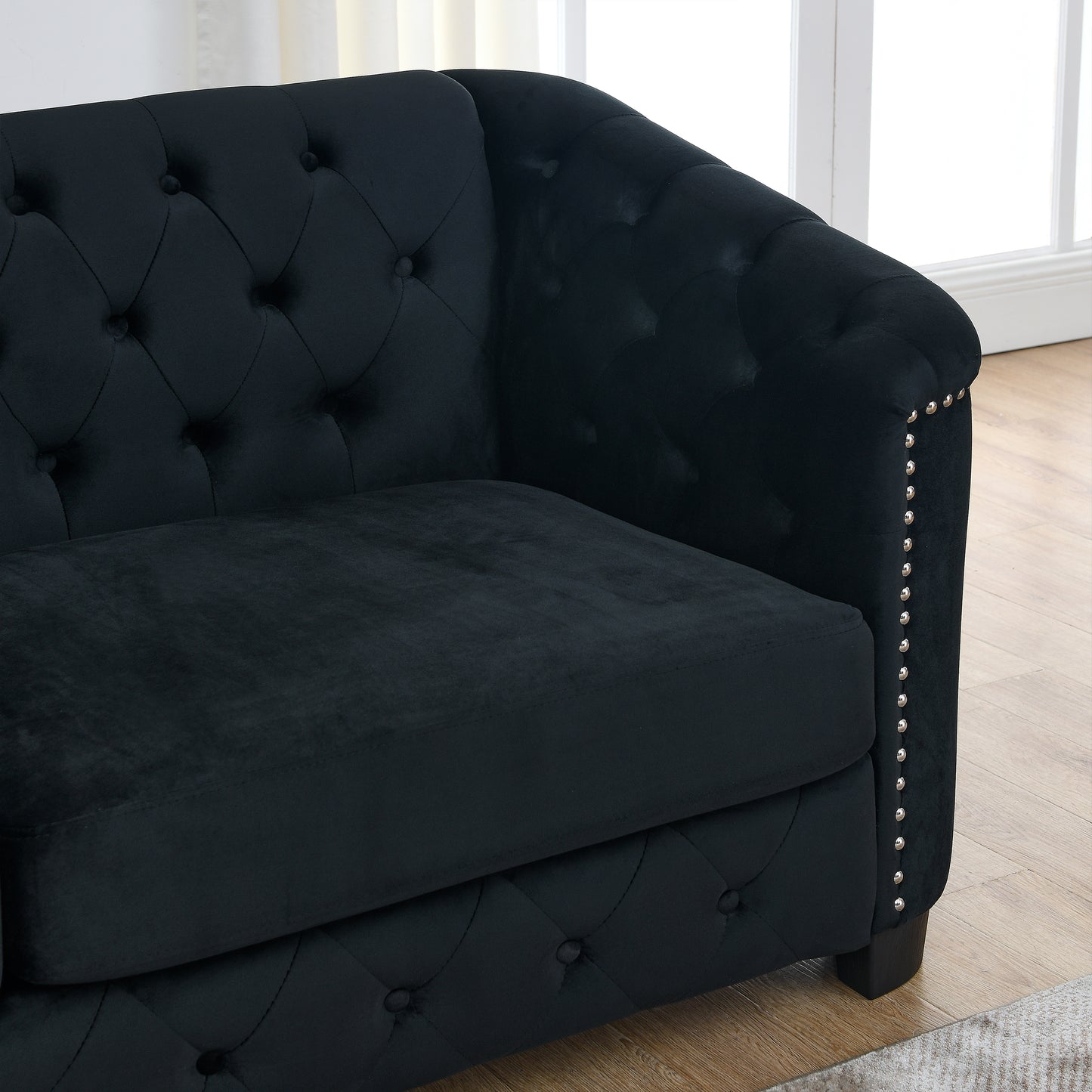 3-Piece Velvet Black Sofa Set with Two Pillows