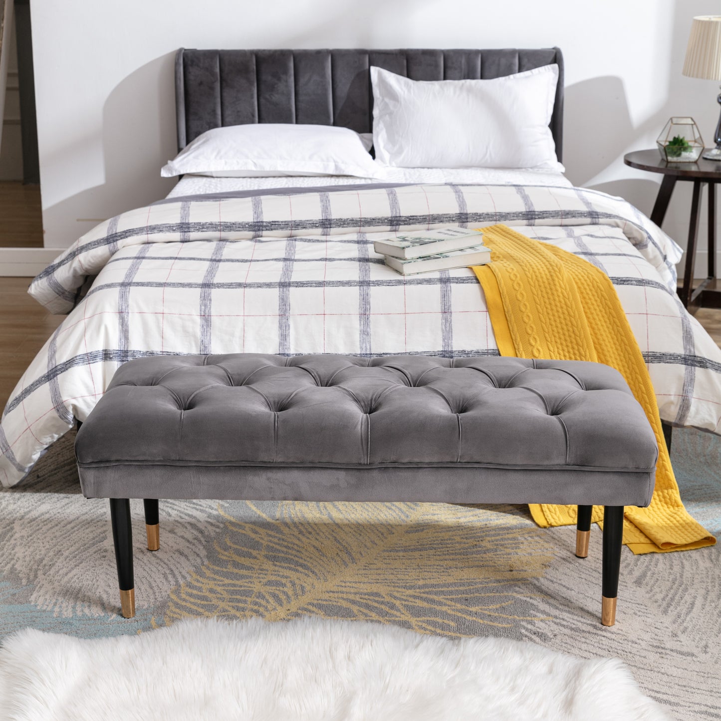 Tufted Bench Modern Velvet Button Upholstered Ottoman enches Bedroom Rectangle Fabric Footstool with Metal Legs for Living Room Entryway,Grey