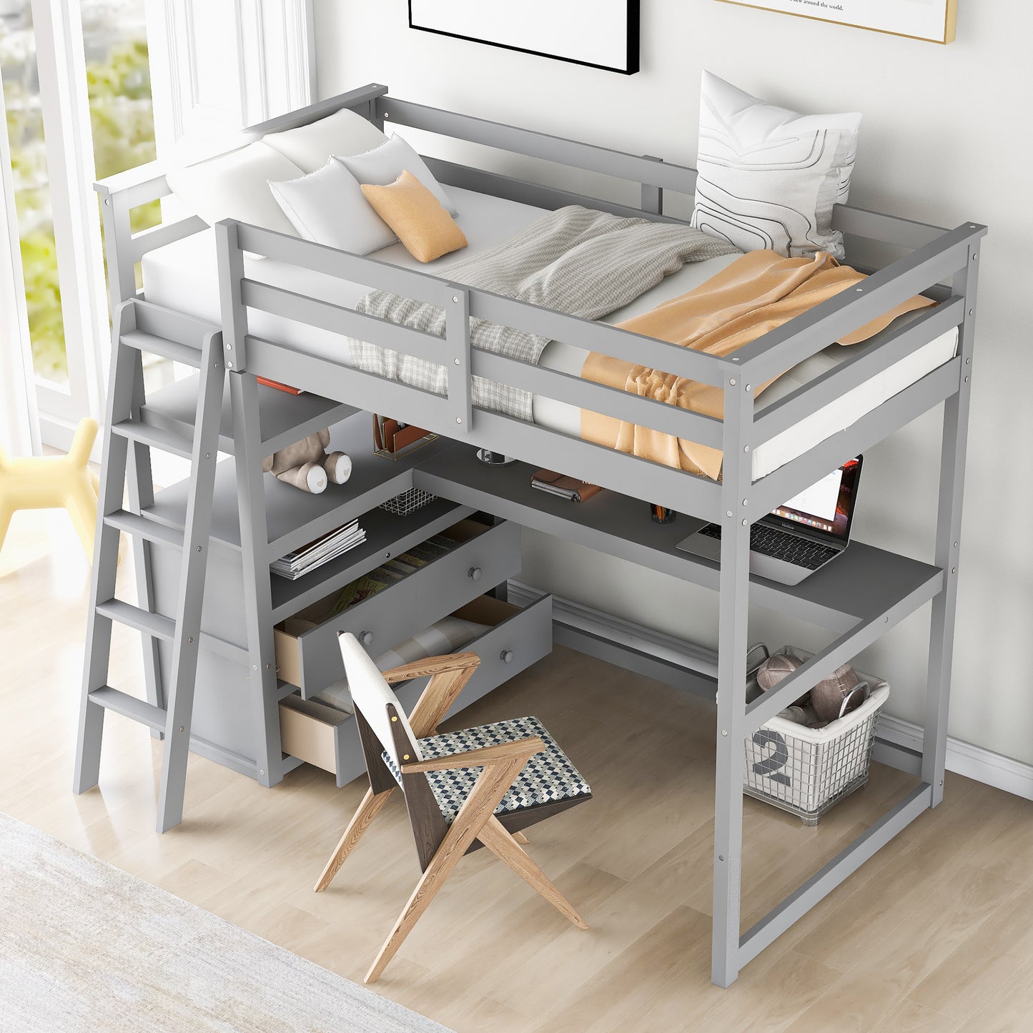 Twin Size Loft Bed with Desk and Shelves, Two Built-in Drawers, Gray(:GX000803AAE-1)