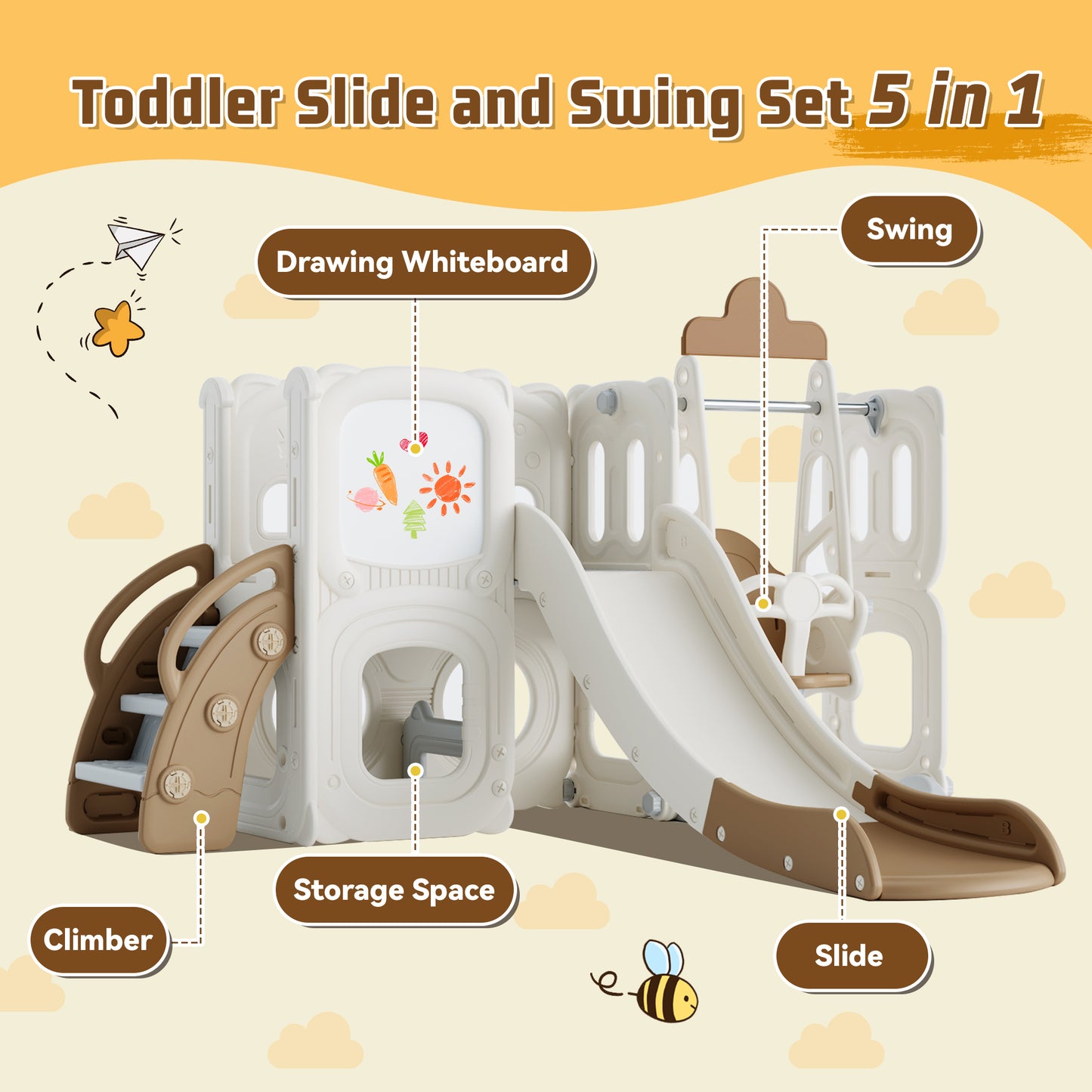 5 in 1 Playground Climber Slide and Swing Set for Toddlers with Drawing Whiteboard