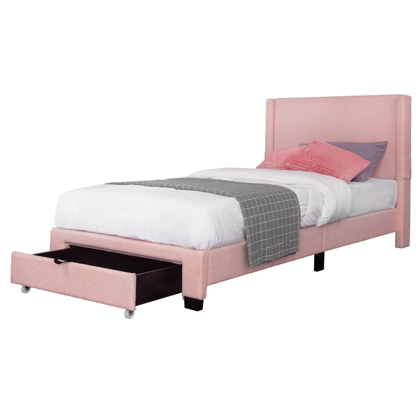 PINK TEDDY FABRIC FOOTBOARD STORAGE BIG DRAWER WINGBACK WITH POCKETS UPHOLSTERED BED NO BOX SPRING REQUIRED TWIN SIZE MODERN DESIGN