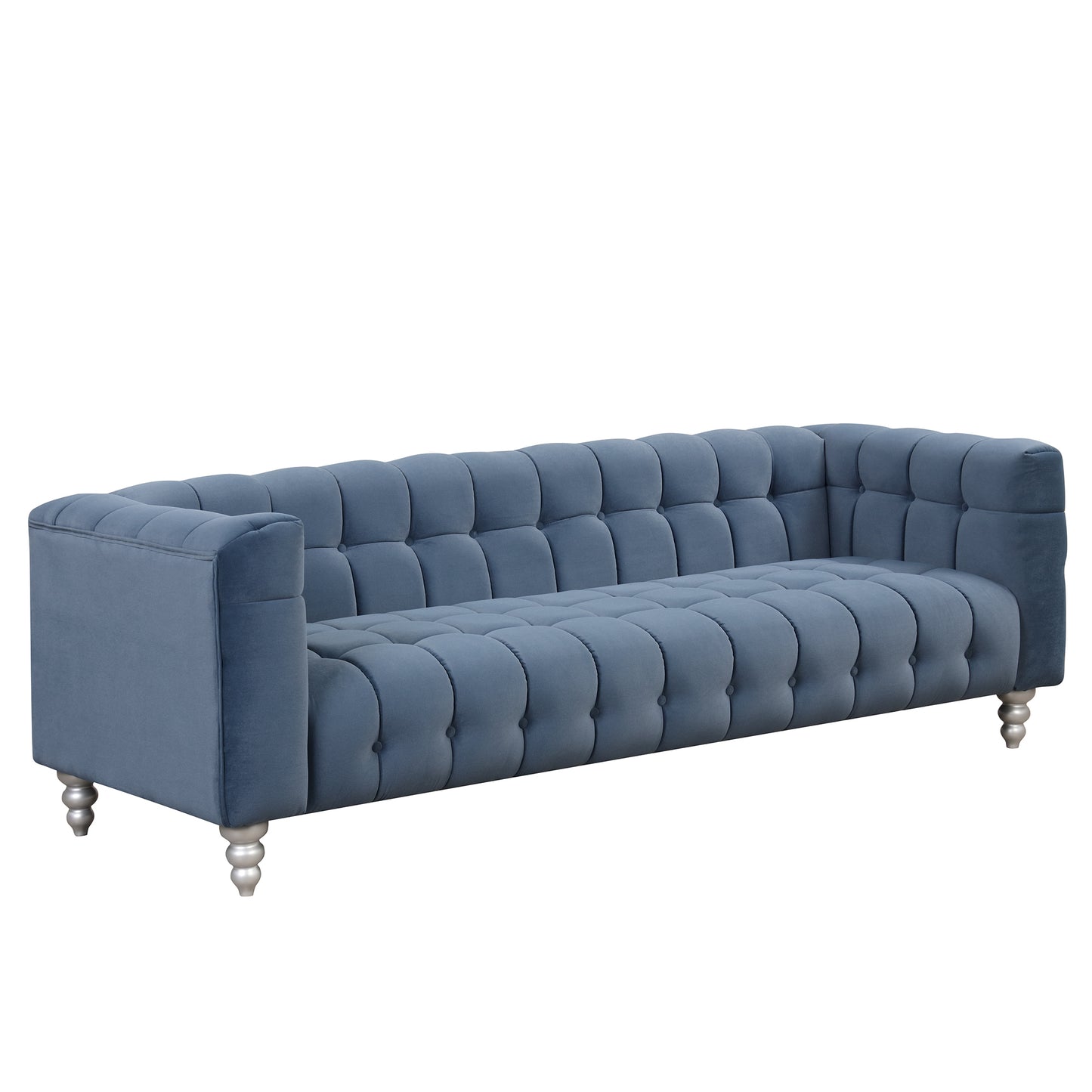 89 Modern Blue Upholstered Sofa with Tufted Backrest and Solid Wood Legs