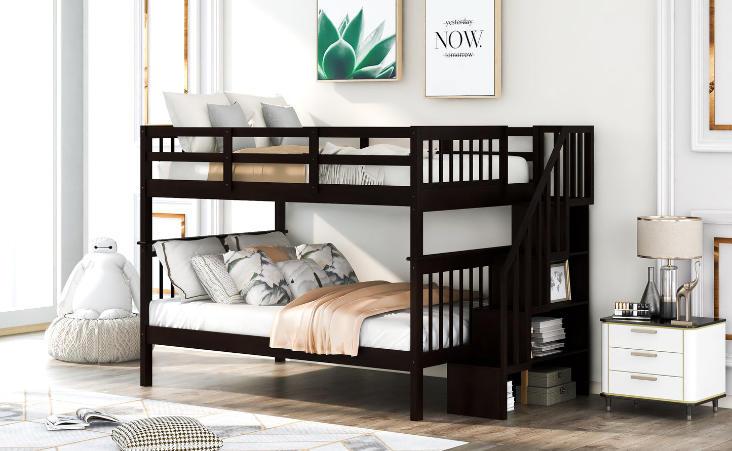 Stairway Full-Over-Full Bunk Bed with Storage and Guard Rail for Maximum Space Utilization