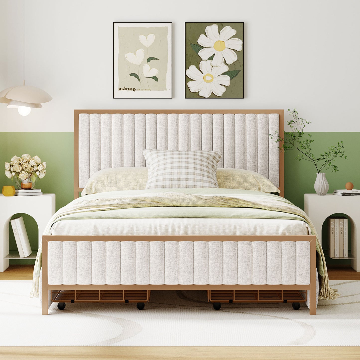 Full Size Metal Frame Upholstered Bed with 4 Drawers, Linen Fabric, Beige