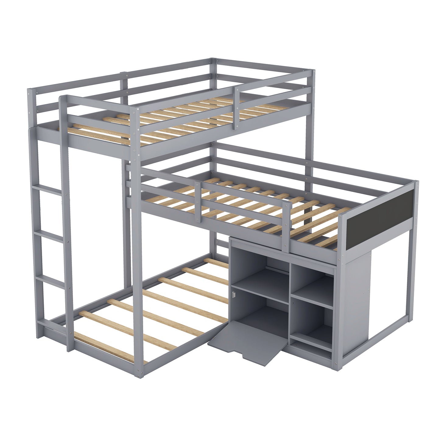 Gray L-shaped Triple Bunk Bed with Storage and Blackboard