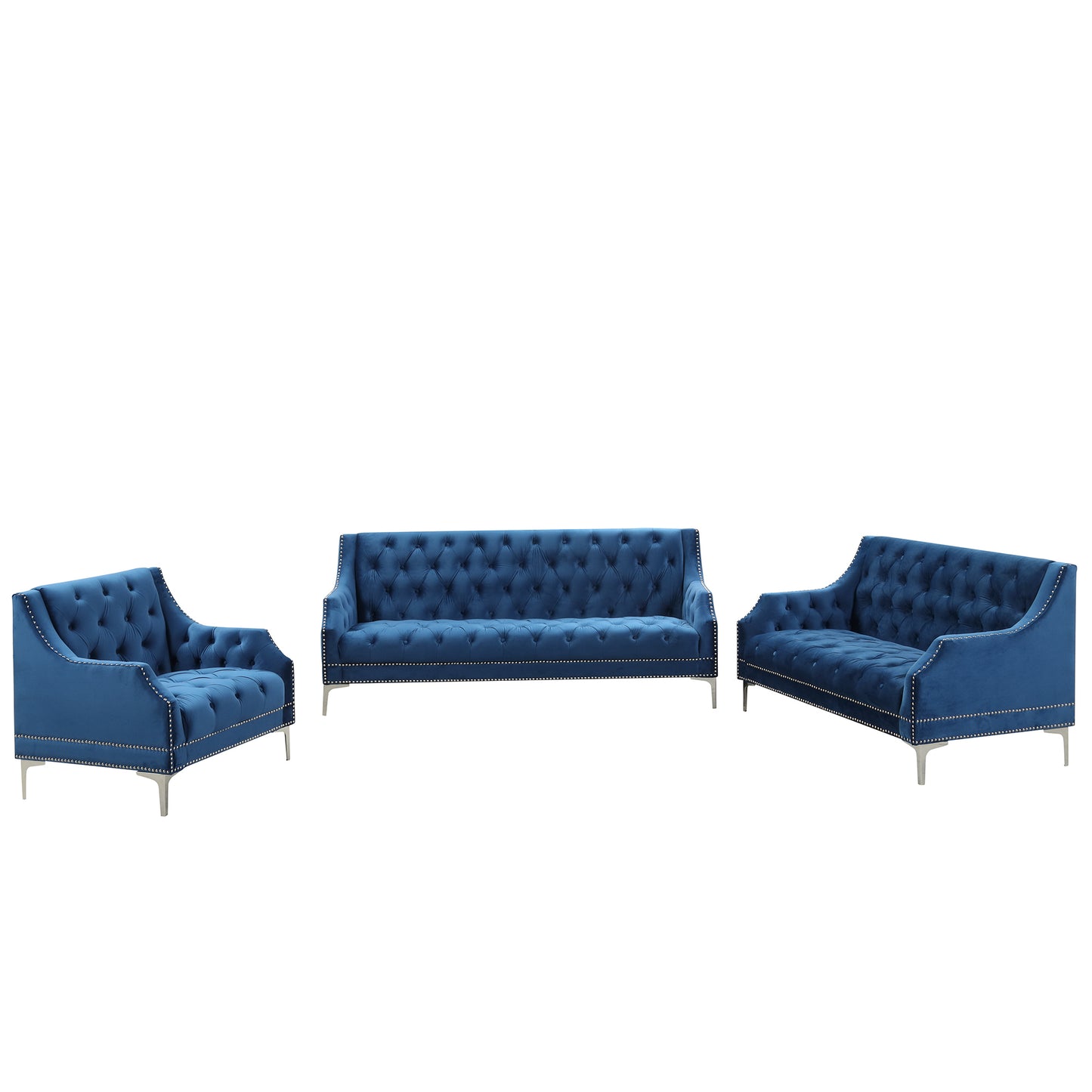 Modern three-piece sofa set with metal legs, buttoned tufted backrest, frosted velvet upholstered sofa set including three-seater sofa, double seater and living room furniture set Single chair