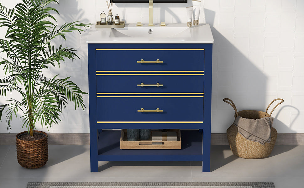 Modern 30inch Navy Blue/White Bathroom Vanity Cabinet Combo with OpenStorge, Two Drawers