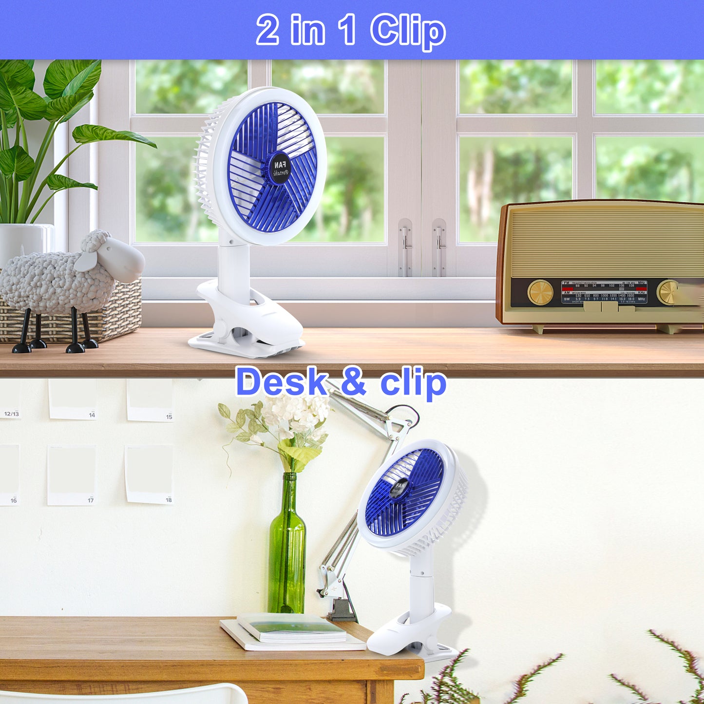 Clip on Fan with LED Lamp, Rechargeable Desk Fan, 4 Speed 360°Rotating Detachable Clamp Fan, Battery Powered USB Camping Fan Portable for Cart RV Car Travel Camping Tent Workout Treadmill Bed Desk