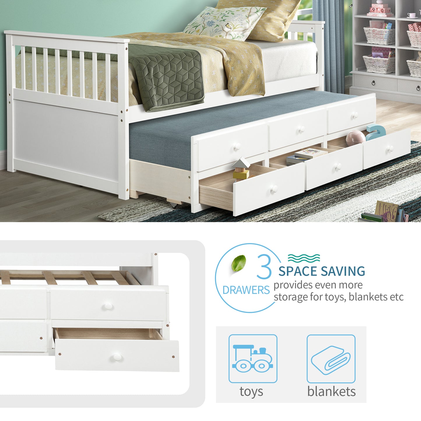 Captain's Bed Twin Daybed with Trundle Bed and Storage Drawers, White