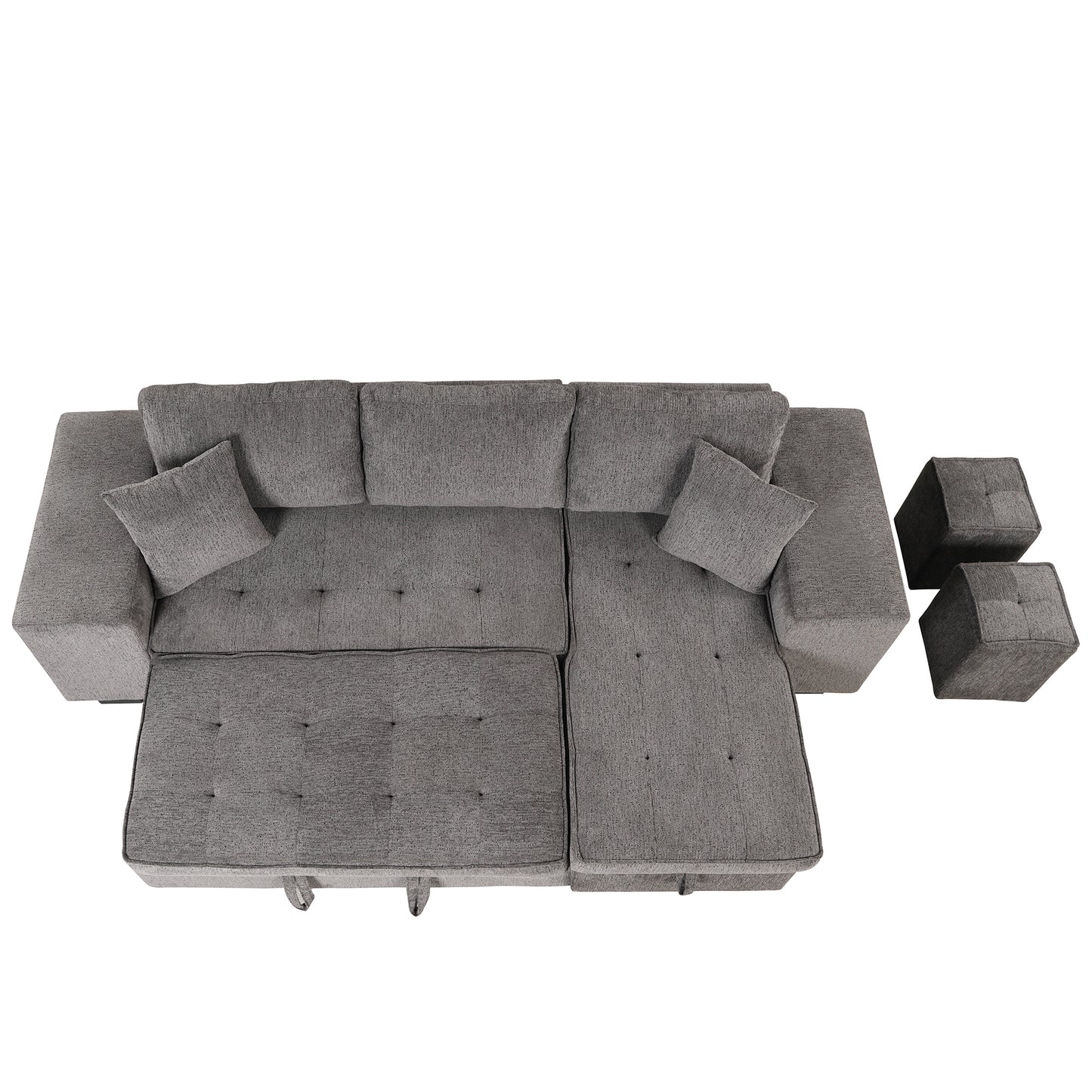 Modern L-Shape 3 Seat Reversible Sectional Sleeper Sofa with Storage Chaise and 2 Stools