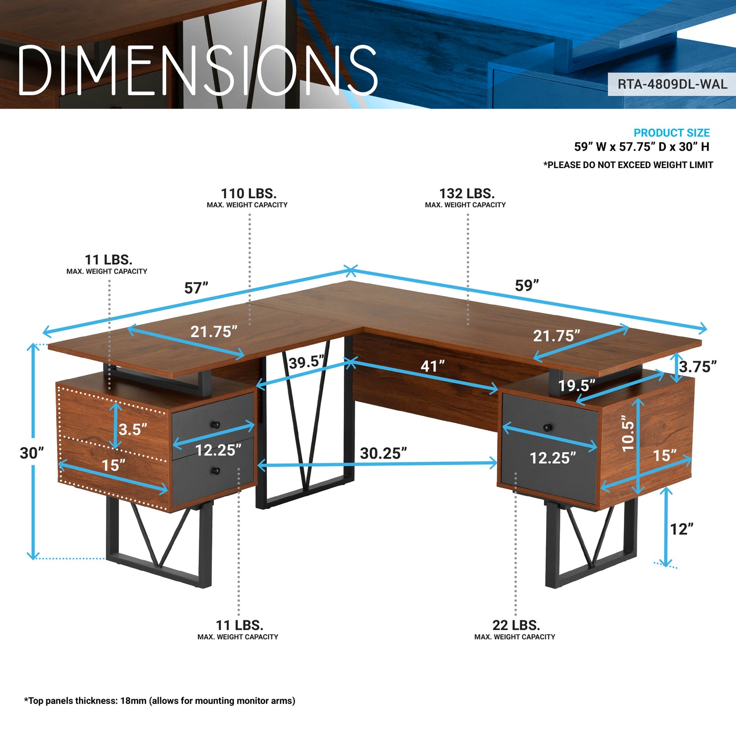 L-Shaped Computer Desk with Walnut Finish, File Cabinet, and Reversible Panels - Contemporary Industrial Design