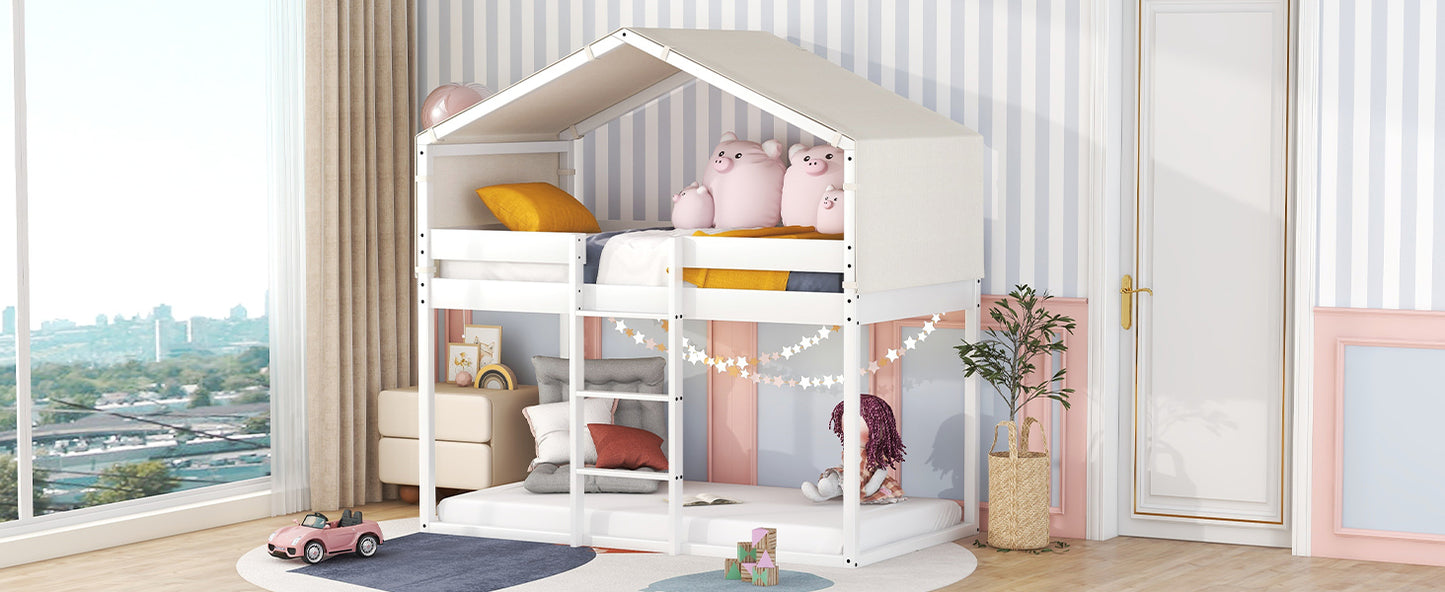 White House-Shaped Twin Over Twin Bunk Bed with Playhouse Tent