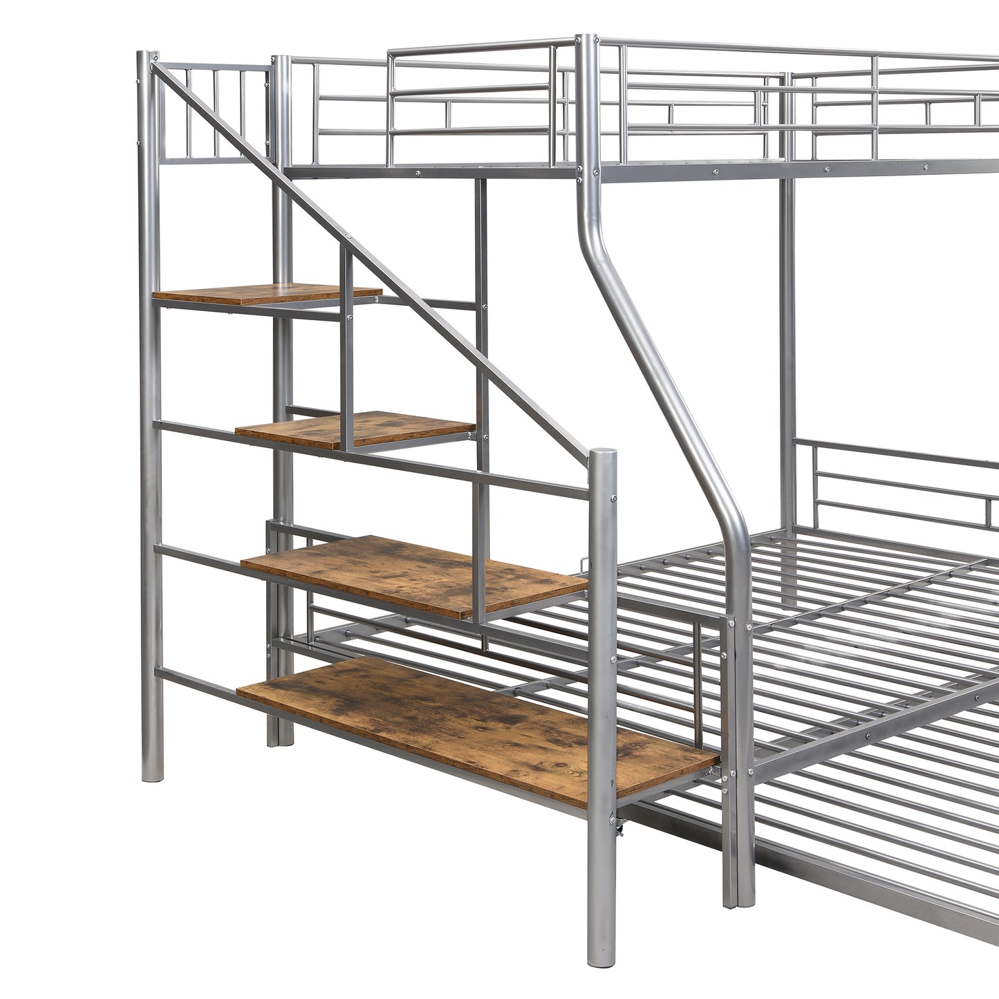 Silver Metal Bunk Bed with Trundle and Storage Staircase