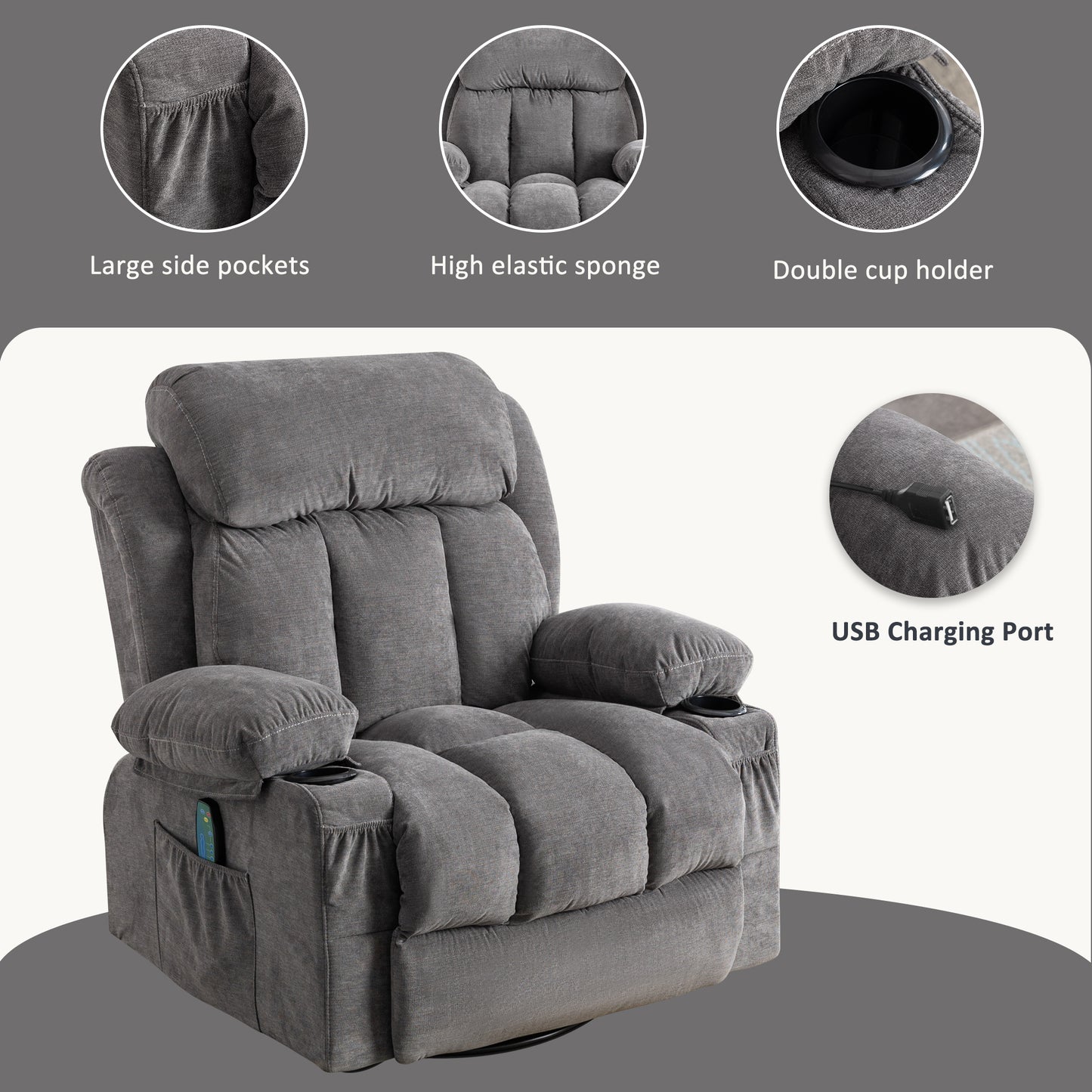 Swivel Gray Velvet Massage Recliner Sofa with Heating, USB, and Cup Holders