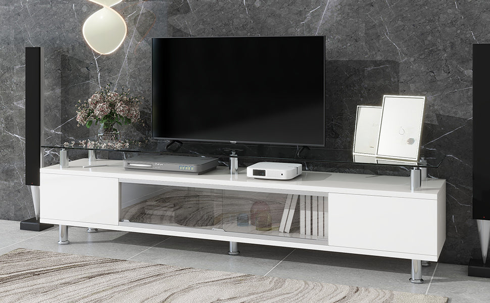 Contemporary White Media Console with Sleek Glass Design and Spacious Storage