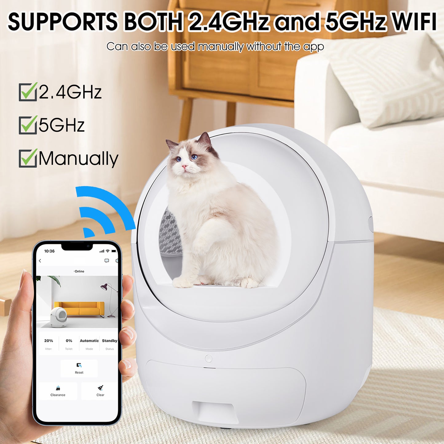 Smart Automatic Cat Litter Box,Automatic Scooping and Odor Removal, App Control, Support 5G&2.4G WiFi for Multiple Cats, Double Odor Removal