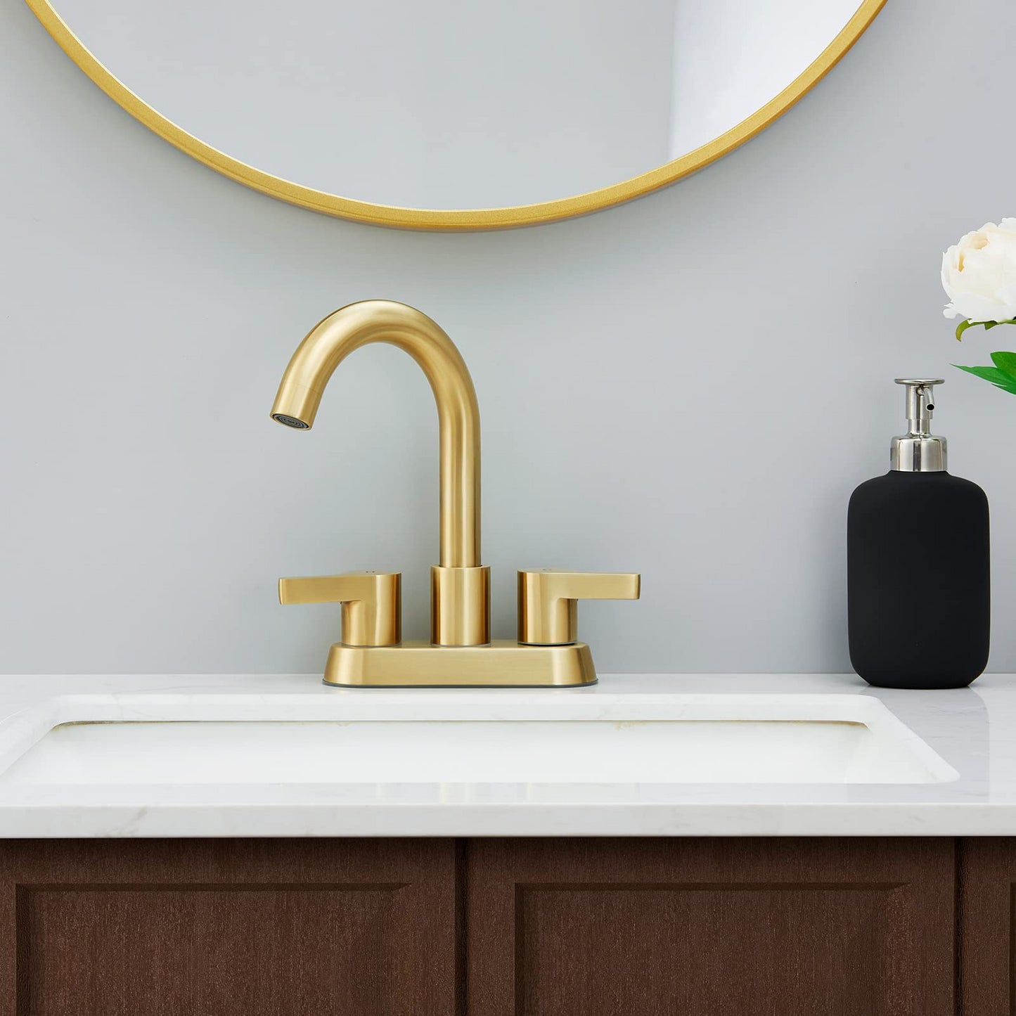 Gold Brushed 4-Inch Centerset Bathroom Faucet with Swivel Spout and 2 Handles