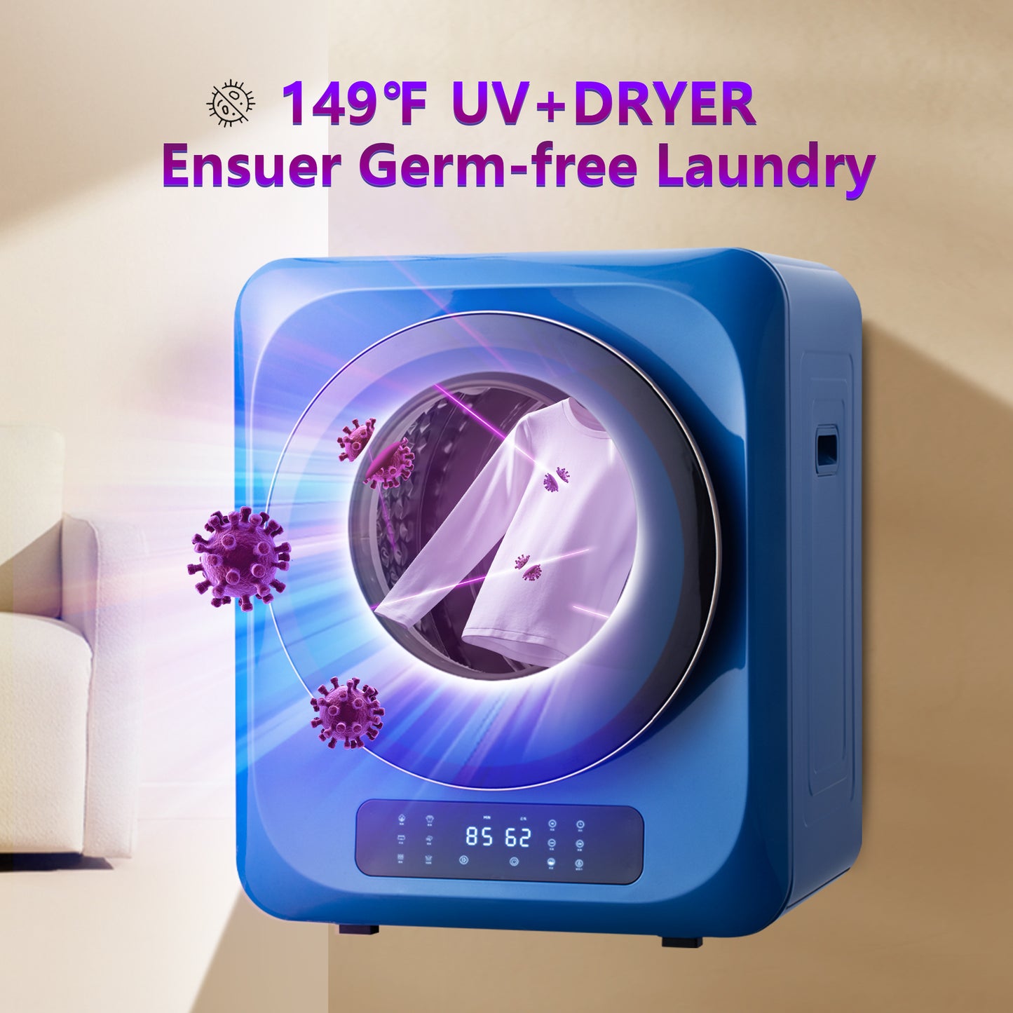 6.6lbs Portable Mini Cloth Dryer Machine FCC Certificate PTC Heating Tumble Dryer Electric Control Panel,Blue Body with Black Door,120V/850W,for Home/Apartment/Dorms,UV Sterilizaiton,Digital dispaly