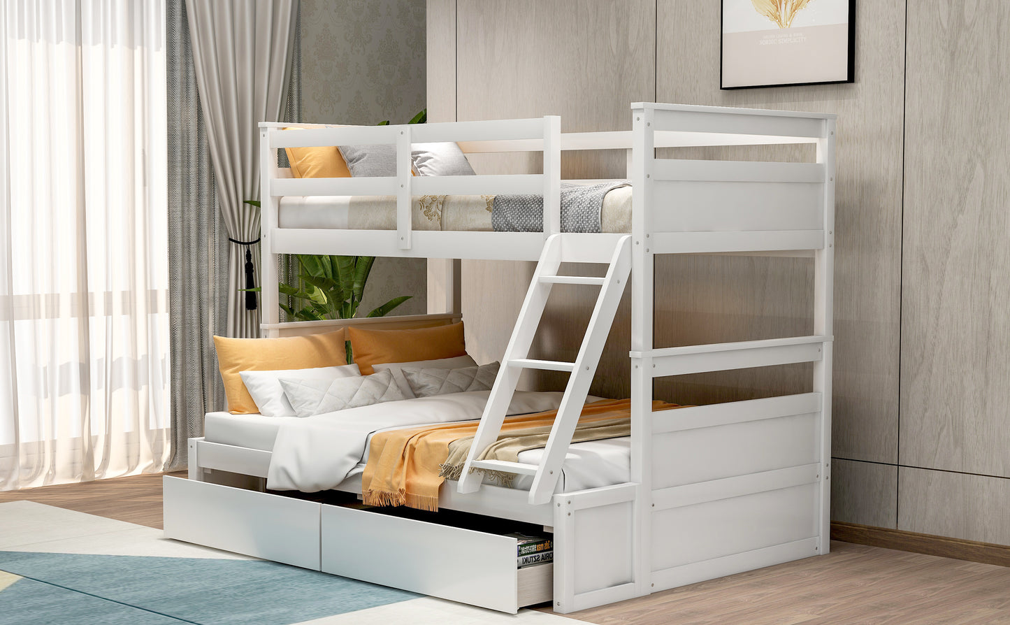 Twin Over Full Bunk Bed with Storage in White - Stylish Space-Saving Solution