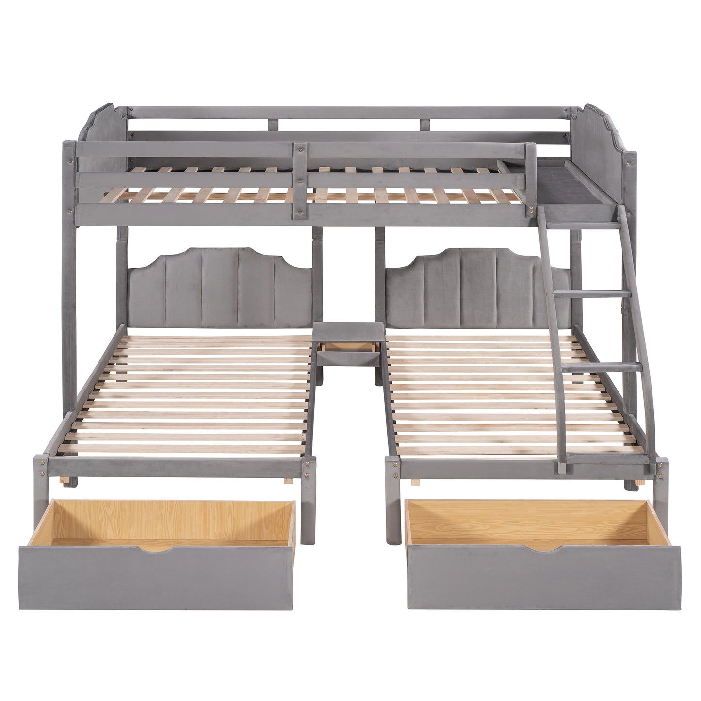 Gray Velvet Triple Bunk Bed with Full Over Twin & Twin, Drawers, Guardrails, and Space-Saving Design