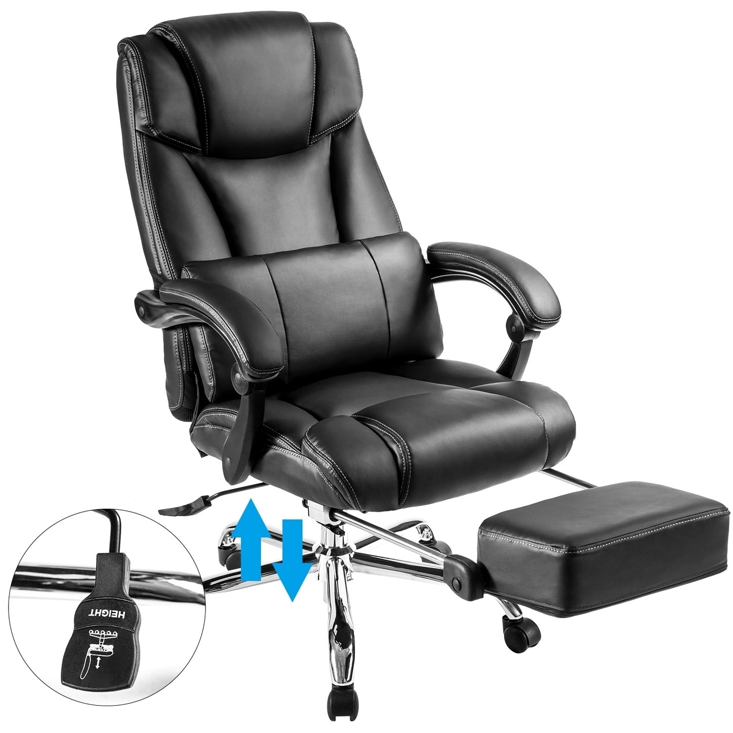 Office Chair - High Quality PU Leather/Double Padded/Support Cushion and Footrest