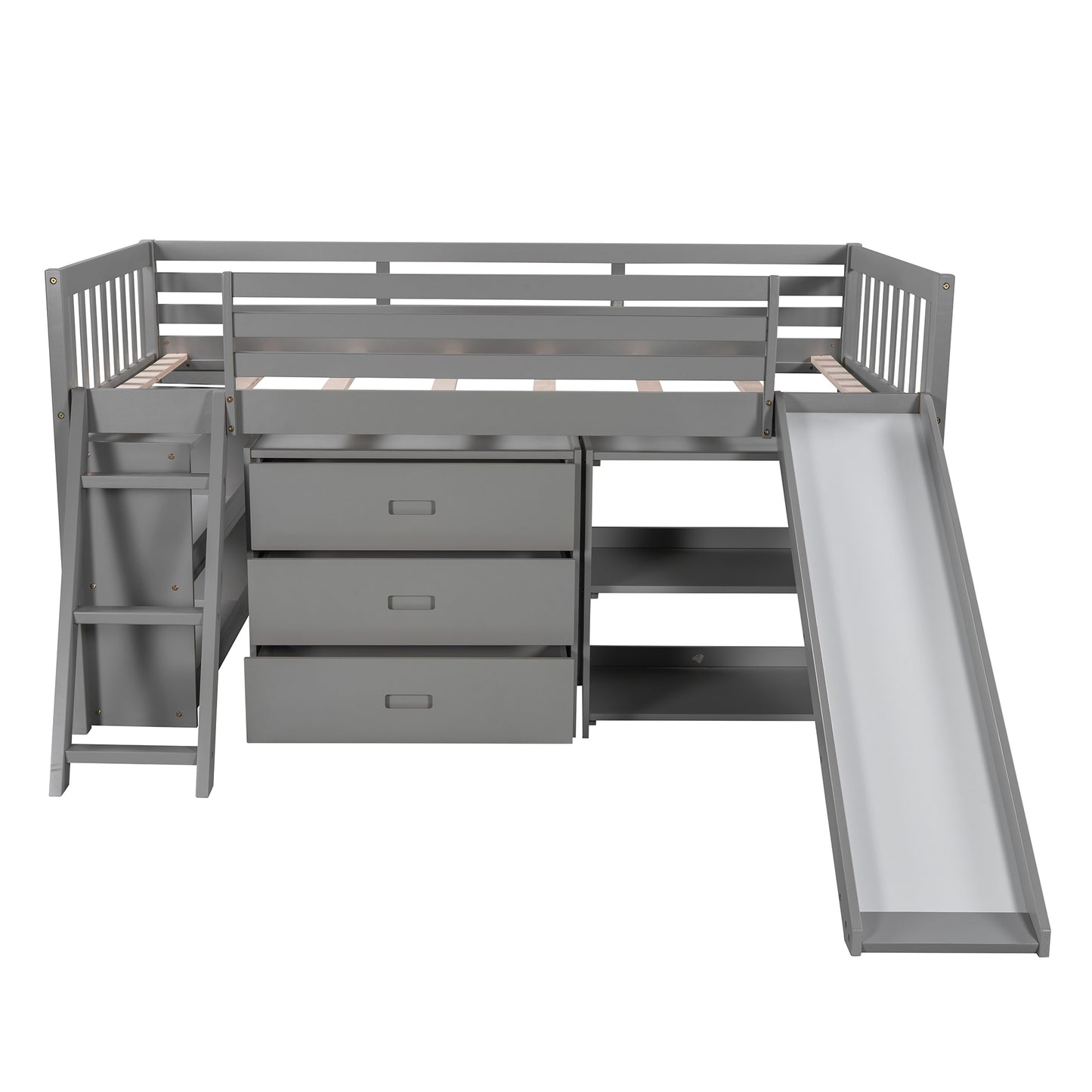 Low Loft Bed with Attached Bookcases and Separate 3-tier Drawers,Convertible Ladder and Slide,Twin,Gray