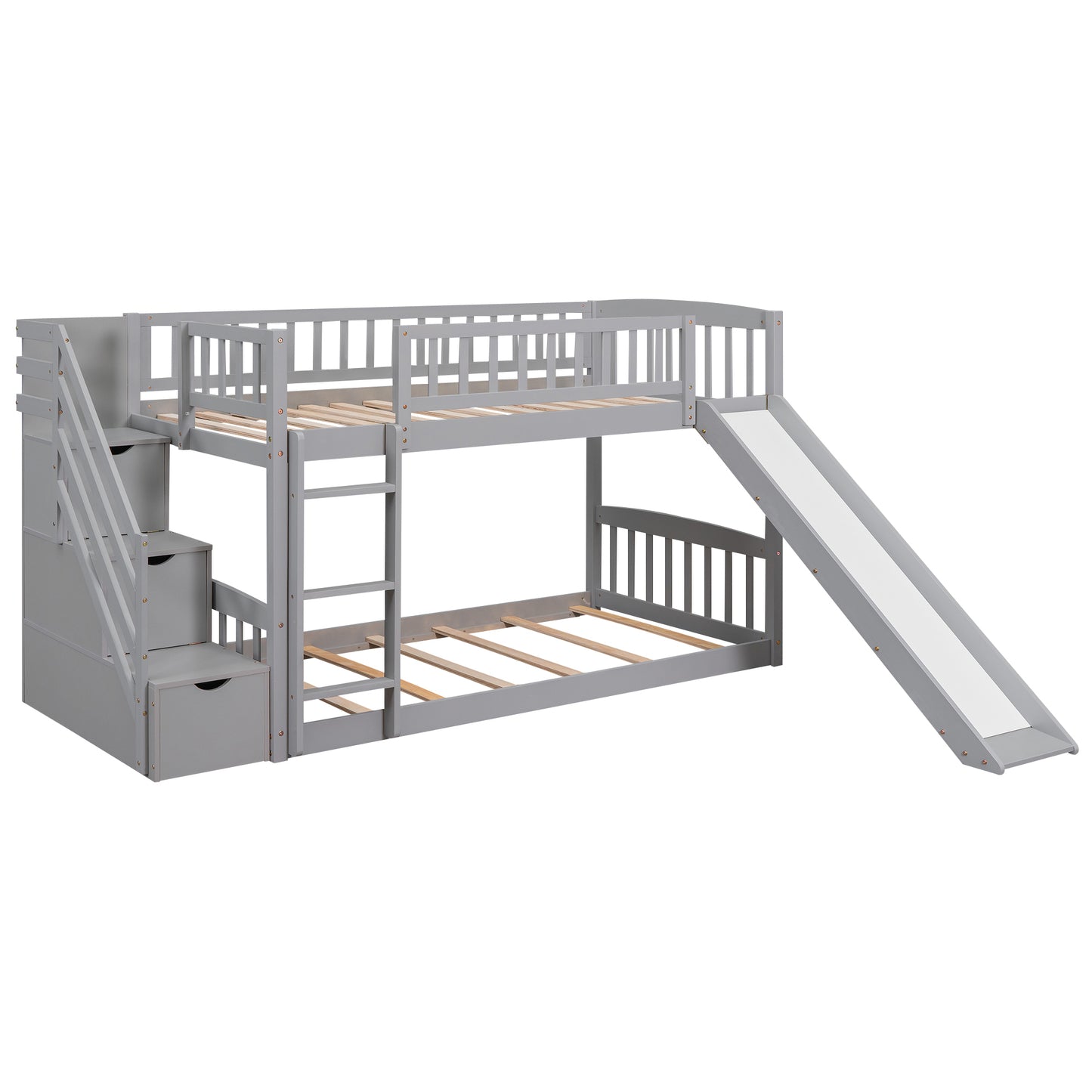 Stairway Twin Bunk Bed with Slide, Drawers, and Gray Finish