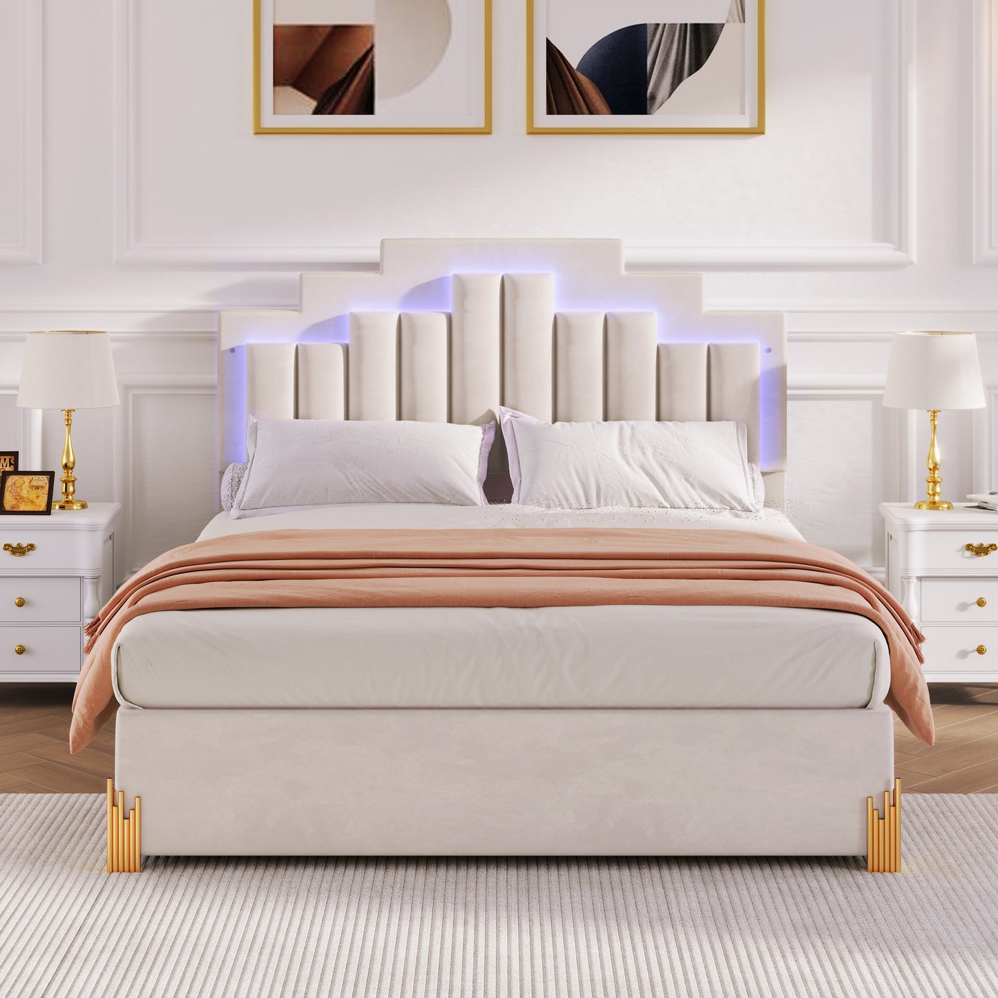 Queen Size Upholstered Platform Bed with LED Lights and 4 Drawers, Stylish Irregular Metal Bed Legs Design, Beige