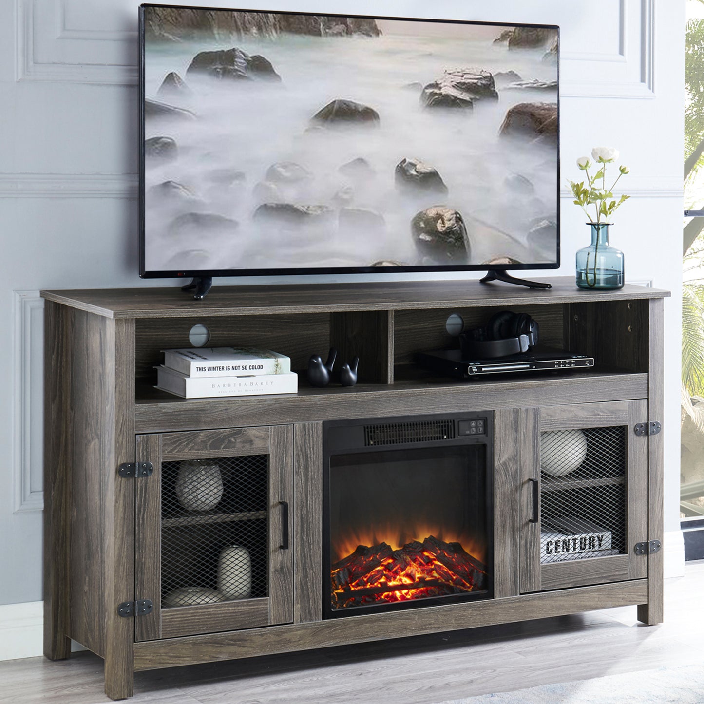 Industrial Style Electric Fireplace TV Stand with Storage Cabinet, Fits up to 65 Flat Screen TV, Grey